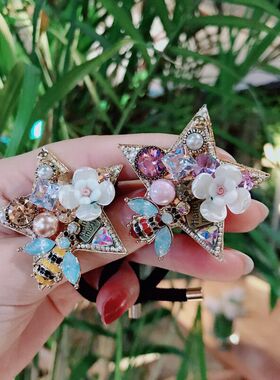 春秋新品巴洛克珍珠发绳少女头绳五瓣花多色满钻网红皮筋头饰批发