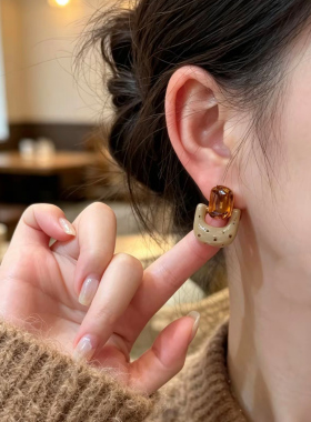 秋冬香槟方形水晶波点防过敏耳钉