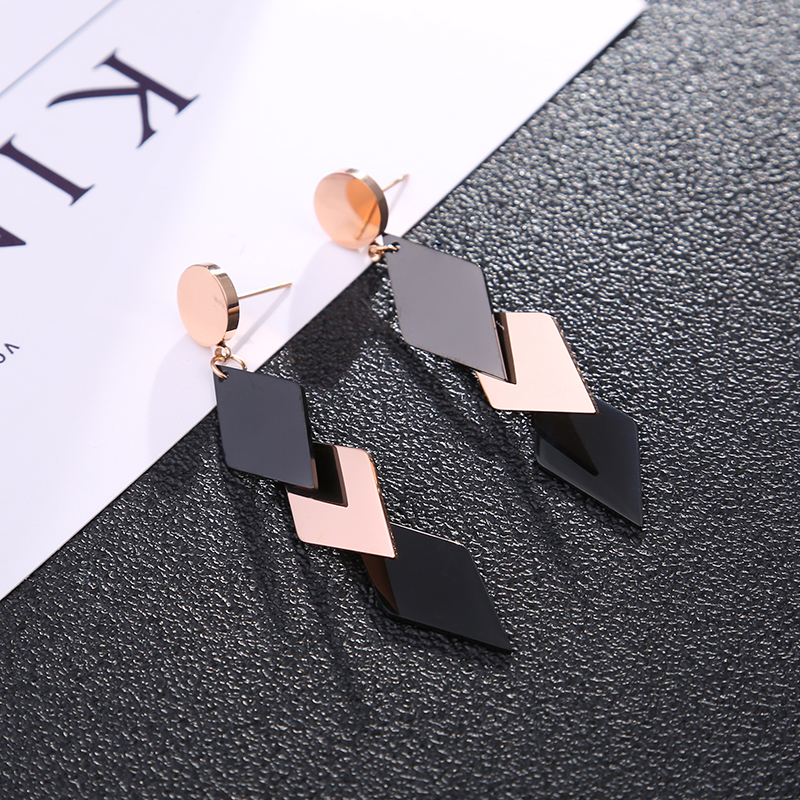 气质款几何菱形耳坠黑色长款钛钢耳环圆脸显瘦耳饰女大气冷淡风潮 - 图1
