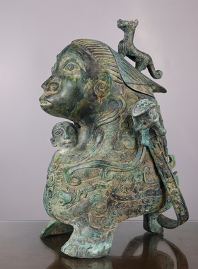 夏商周古青铜器厂铸铭文人面提梁卣水坑锈光皮黑漆古锈庭院摆件