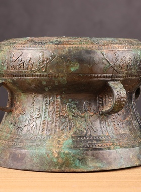 洛阳古做旧乐器铜錞于古代影视道具铜鼓定制摆件太阳纹狩猎铜鼓