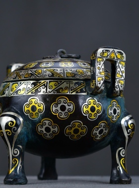 战国错金银团花流鼎博物馆古玩定制青铜器摆件古玩收藏铜器摆件