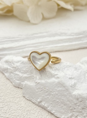 Favorite小香风甜美爱心贝母开口戒指高级复古轻奢气质百搭食指戒