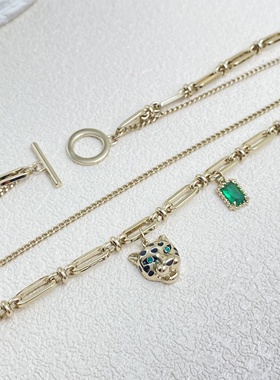 Favorite冷淡风潮酷豹子头祖母绿项链女y2k双层个性高街镀金项饰