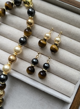 ISLA孤岛原创美拉德风7A级黄虎眼石仿海水珍珠项链毛衣链S925银扣