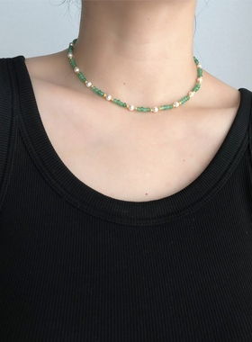 ISLA孤岛祖母绿色马来玉施家仿珍珠正圆极光s925银彩宝项链锁骨链