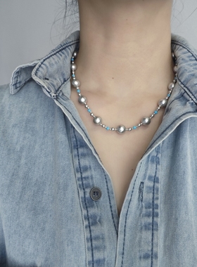 ISLA孤岛高瓷原矿绿松铂金灰施家珍珠项链女小众高级感毛衣链颈链