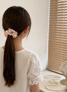 法式玫瑰的庄园油画风贝珠少女花朵发圈高弹力编织精品仙女头绳