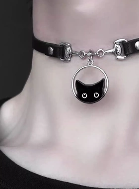 甜酷辣妹风暗黑猫咪吊坠项链小众设计感choker项圈时尚百搭锁骨链