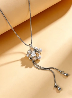 清冷风珍珠花朵抽绳项链女水滴吊坠抽拉可调节简约小众气质锁骨链