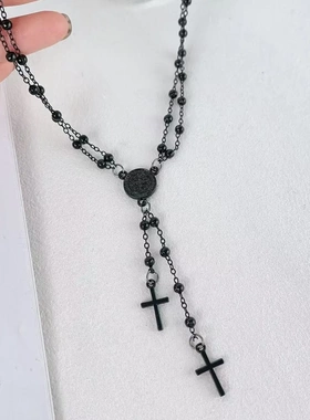 欧美跨境串珠十字架项链锁骨链高级感多层叠戴流苏珍珠毛衣链配饰