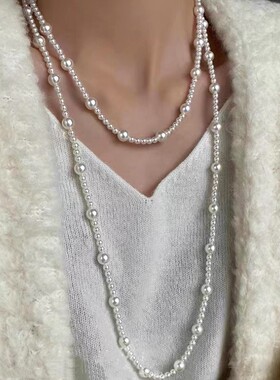 优雅气质时尚长款叠戴珍珠项链轻奢气质锁骨链多种戴法毛衣颈链