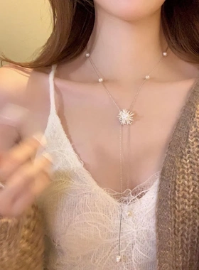 新款银色烟花仿珍珠抽拉项链女轻奢高级感长款气质抽拉调节毛衣链