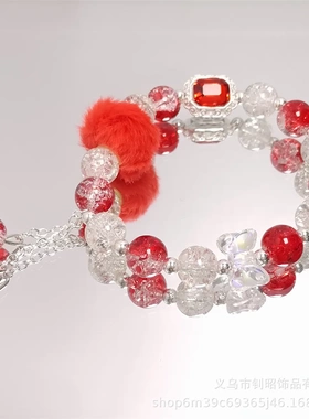 原创设计新款宝石方糖毛球手链小众设计高级感气质百搭红色手串