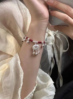 纯手工中国风长命锁平安锁手绳铃铛红绳手链送女友高级国潮