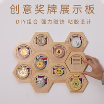 Composition Honeycomb Medal Show Rack Hexagon Wooden Hanging Rack Marathon Student Photo Frame Honor Wall DIY Nails Free