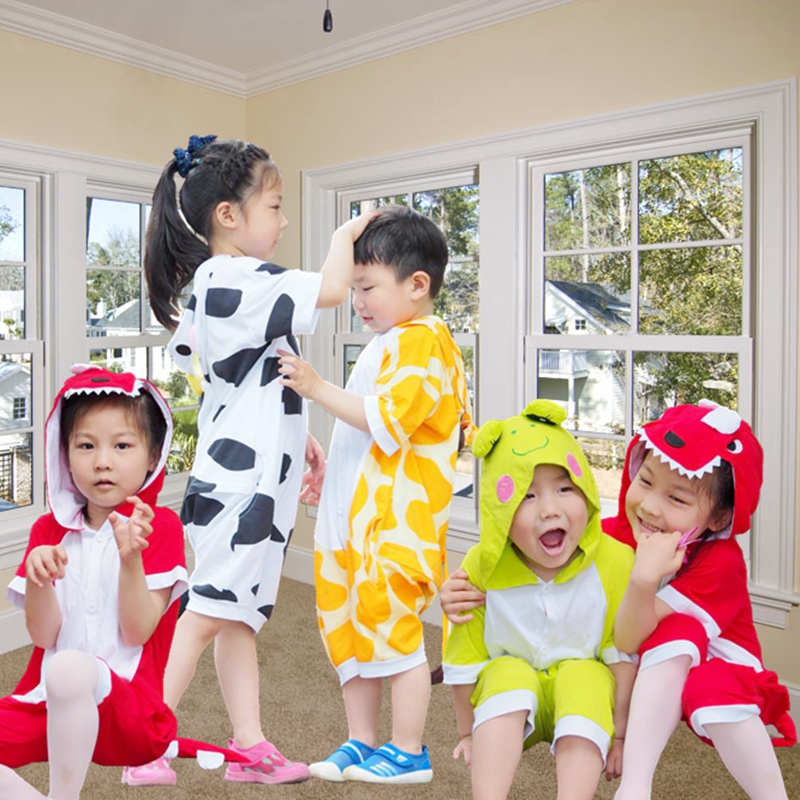 夏季短袖纯棉儿童卡通连体睡衣 恐龙动物男女童孩家居服套装大童