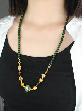 新中式国潮项链女一款多戴长款复古祖母绿串珠毛衣链古风旗袍配饰