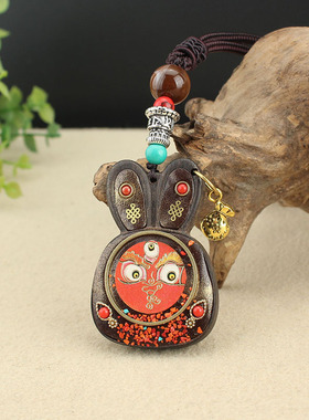檀木长款手作唐卡兔子吊坠项链女