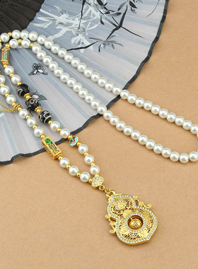 古法新中式点钻葫芦仿珍珠项链百搭可转动吊坠精致国风长款毛衣链