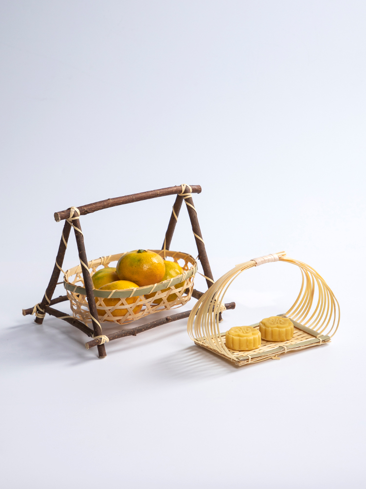 小提篮 糕点托盘创意小竹篮竹编圆形提手茶点水果篮子多层竹编篮 - 图0