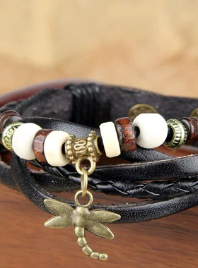 蜻蜓吊坠蜡绳加皮多层手工编织手绳简约休闲男女款学生闺蜜皮手链
