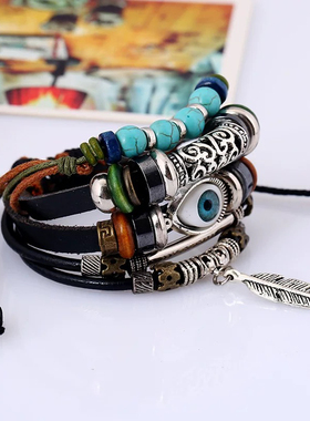 复古异域个性朋克手绳男女学生网红情侣手工编织五层珠珠眼睛手链