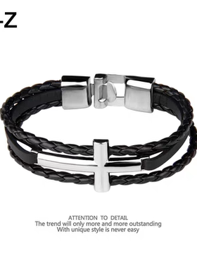 ins风非主流个性编织皮革手绳学生情侣手带简约不锈钢十字架手链