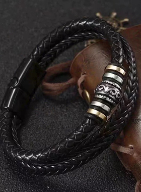 皮革钛钢多层手链男欧美编织个性高级感绳皮革饰品惊喜礼物手饰