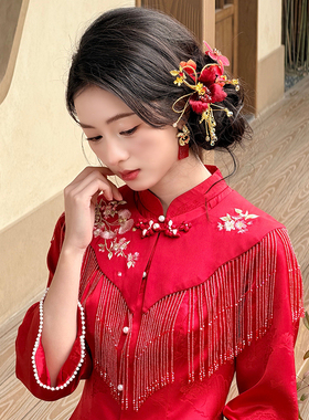 新中式新娘金红流苏花发夹
