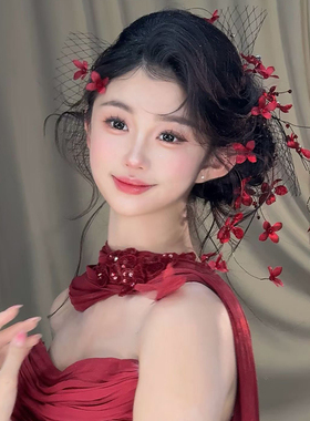 超仙森系花朵韩式减龄走秀红色