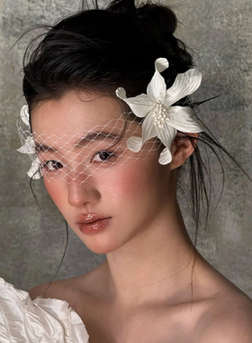 森系花瓣发钗侧边头饰仙美新娘结婚头花发饰影楼拍照跟妆造型配饰