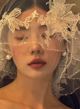 新款法式新娘复古蕾丝花朵头纱