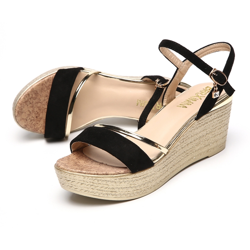 鑫达芙妮丝2018新款坡跟凉鞋女夏中跟防水台