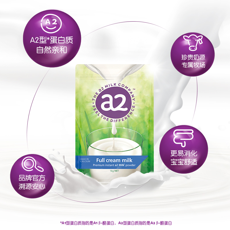 a2海外旗舰店【旗舰】新西兰a2成人高钙全脂奶粉含A2蛋白质青少年1KG*1袋1