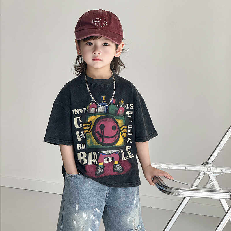 男童复古做旧涂鸦笑脸短袖T恤2025夏季新款儿童宽松半袖打底衫潮,淘宝优惠券,粉丝福利购,淘宝优惠卷