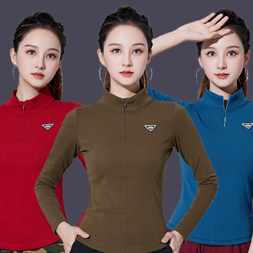 广场舞服装秋冬新款半拉链立领长袖上衣女舞蹈团体活动修身打底衫 - 图2