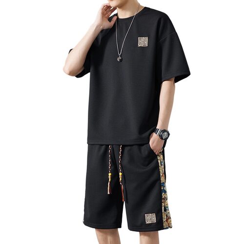 夏季新款华夫格透气大码套装男潮流百搭运动休闲短袖T短裤两件套 - 图3