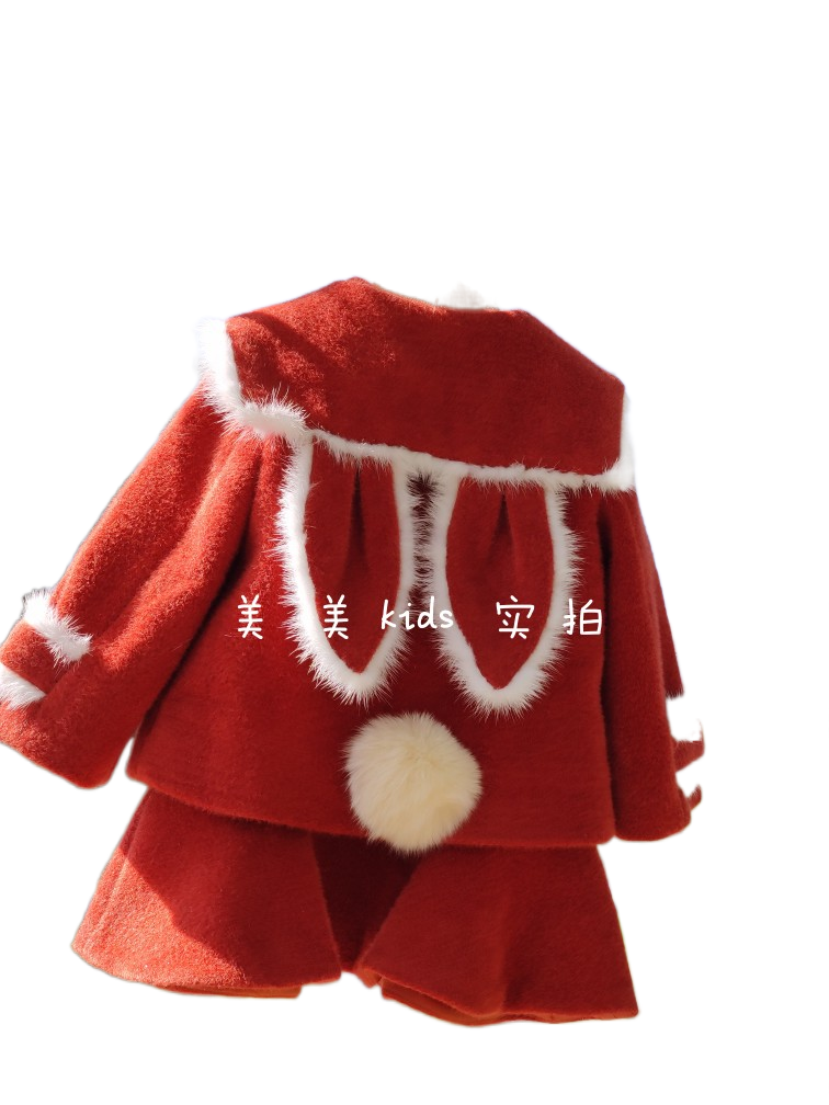 23新年装女童网红套装洋气背带裙儿童萌萌哒兔耳朵拜年服圣诞外套,淘宝优惠券,粉丝福利购,淘宝优惠卷