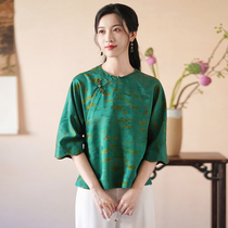 Zhus original (foggy) jacquard genuine silk through hole Luo red cloud yarn small-shirt womens summer lake green short-style blouses