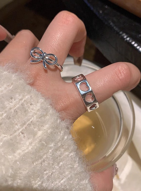 S925纯银同款蝴蝶结素圈爱心珍珠戒指女小众高级感轻奢叠戴不掉色