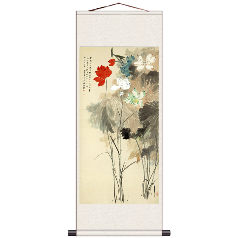 五色荷花张大千真迹复制丝绸画水墨画卷轴画花鸟国画荷花图可定制