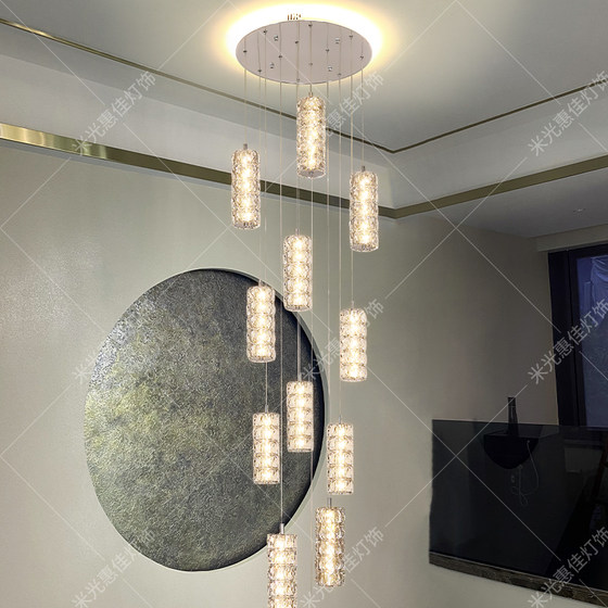 High ceiling loft duplex stairwell crystal chandelier