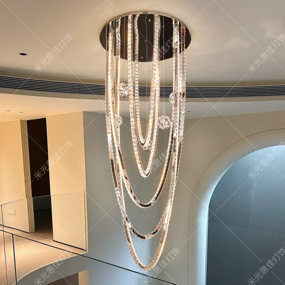 Self-built house luxury stair light duplex floor large chandelier light luxury grand villa empty living room light creative streamer light