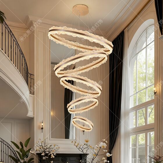 Large chandelier in the duplex building, main light in the empty hall of the villa