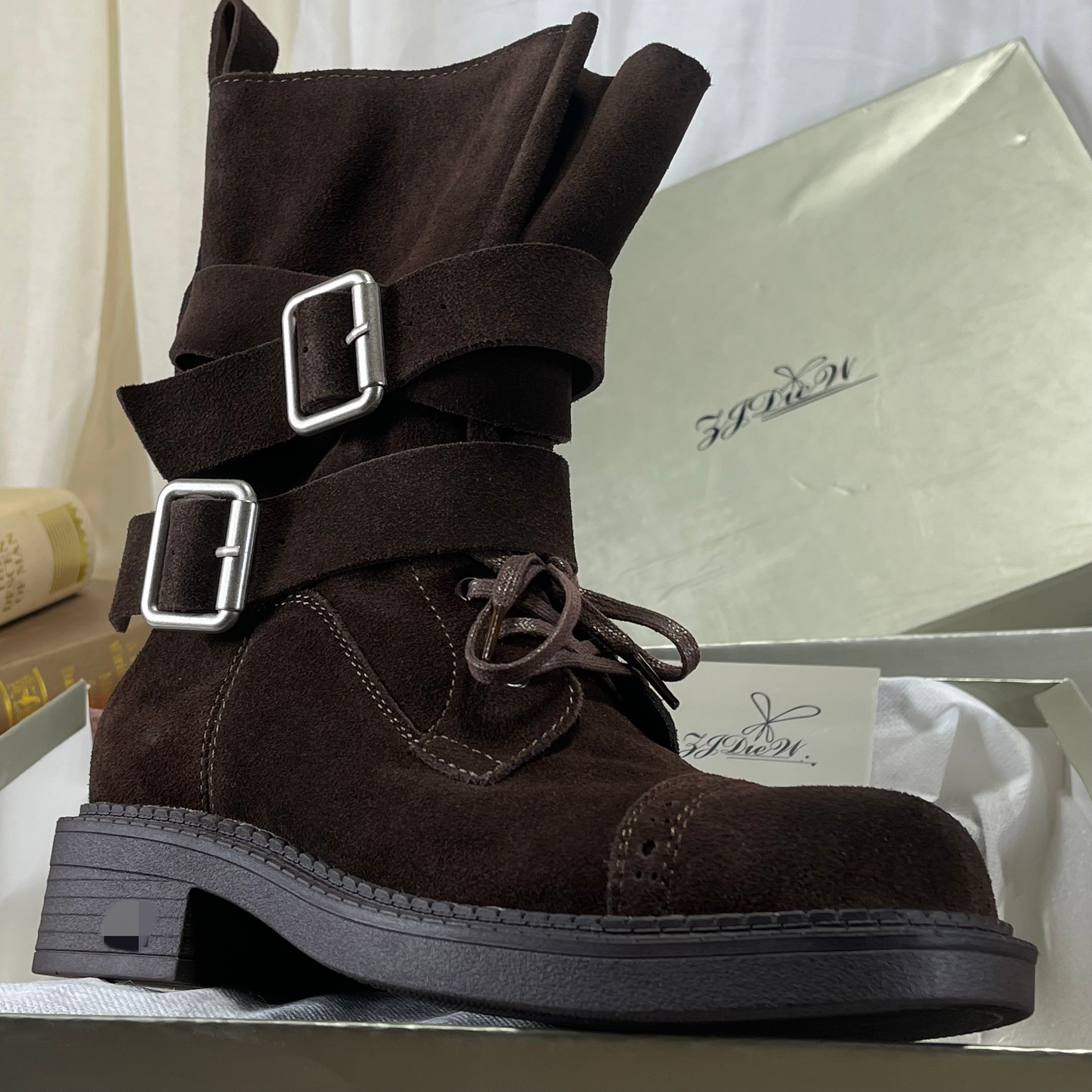 头层牛皮中筒靴女堆堆靴2025秋冬款复古英伦风皮带扣机车马丁靴子,淘宝优惠券,粉丝福利购,淘宝优惠卷