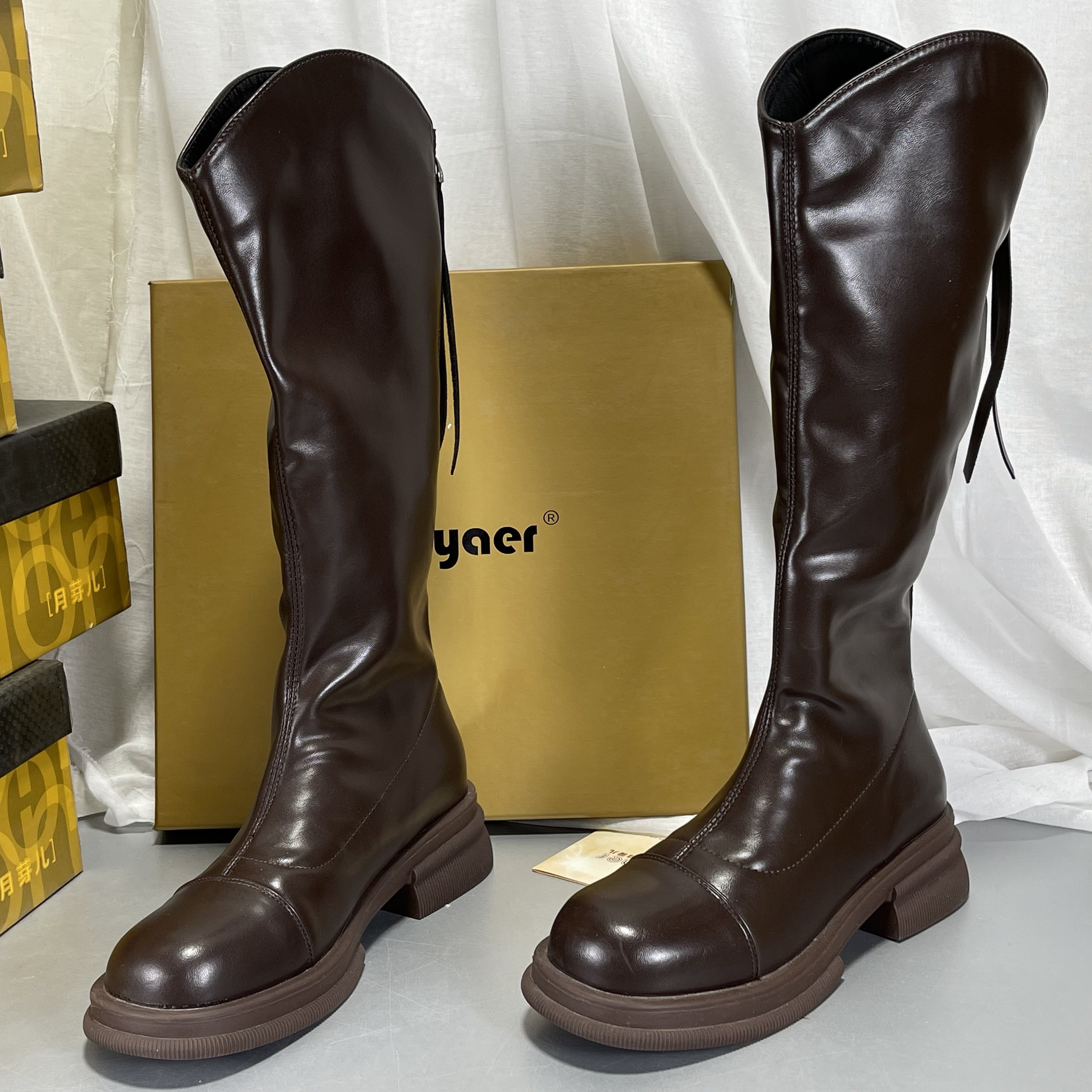 月芽儿真皮骑士靴女2025秋冬新款显瘦不过膝长筒靴高筒厚底瘦瘦靴,淘宝优惠券,粉丝福利购,淘宝优惠卷