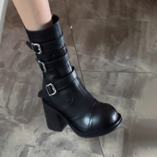 朋克黑色小个子高跟靴粗跟短靴女2025新款秋冬靴子显瘦中筒骑士靴 - 图0