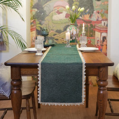 桌旗餐垫防水布艺Miss Peony绿色欧美法式轻奢柜子茶几盖布餐桌垫 - 图0
