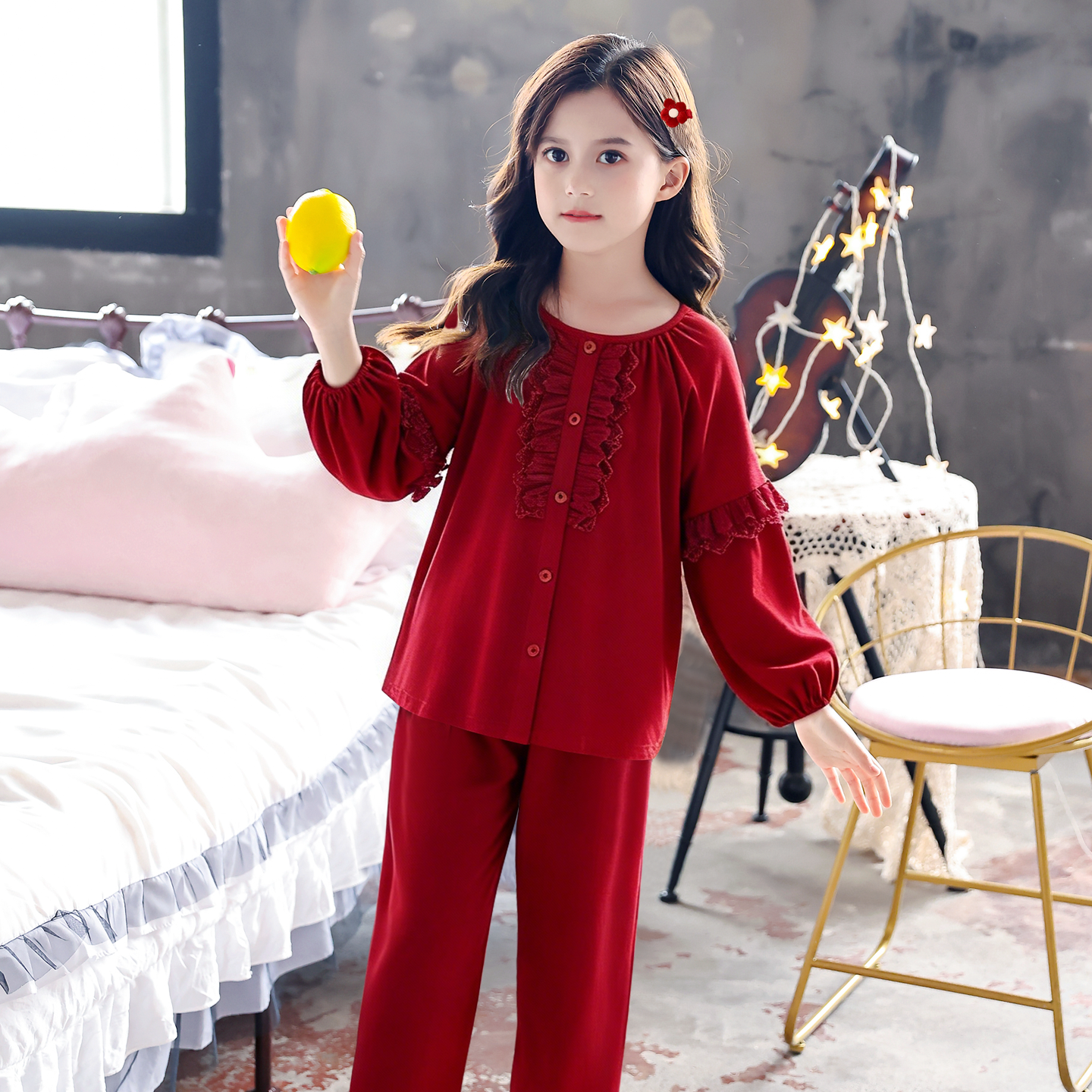 2026年新款红色睡衣女童纯棉长袖甜美蕾丝本命年套装家居服可外穿,淘宝优惠券,粉丝福利购,淘宝优惠卷